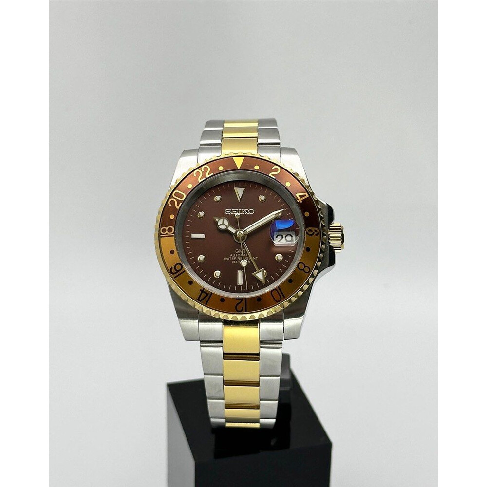 Custom Seiko Mod • 2-Tone Gold Chocolate Nipple Automatic GMT • 40mm